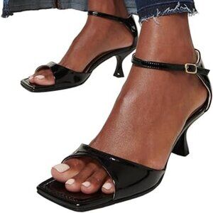 FOWT Black Square Open Toe Sandals Ankle Strap Kitten Heel Elegant Ballroom Shoe